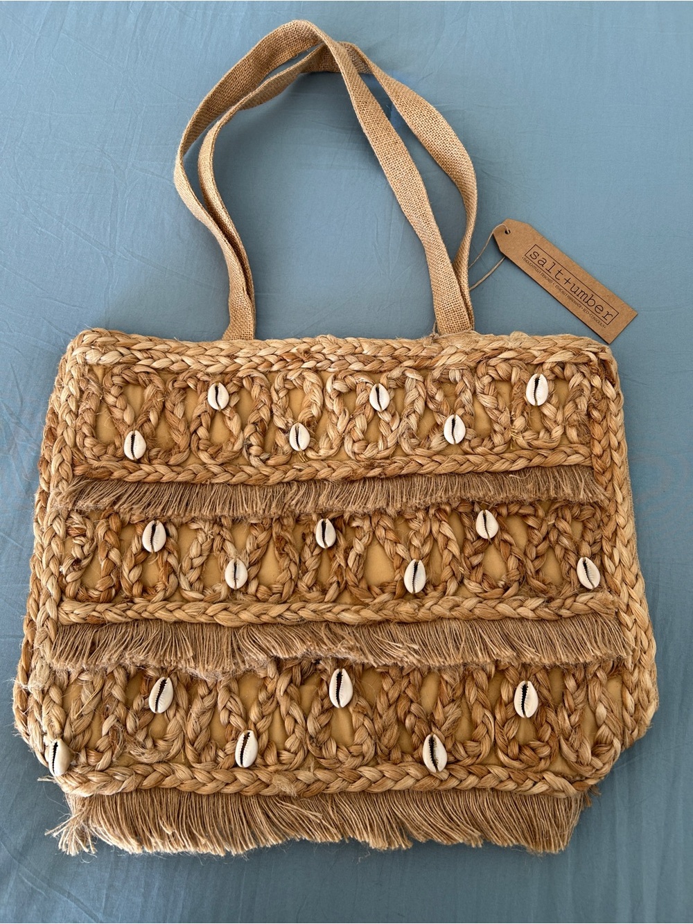 Salt + Umber Natural Straw Tote with Shell Accents NWT